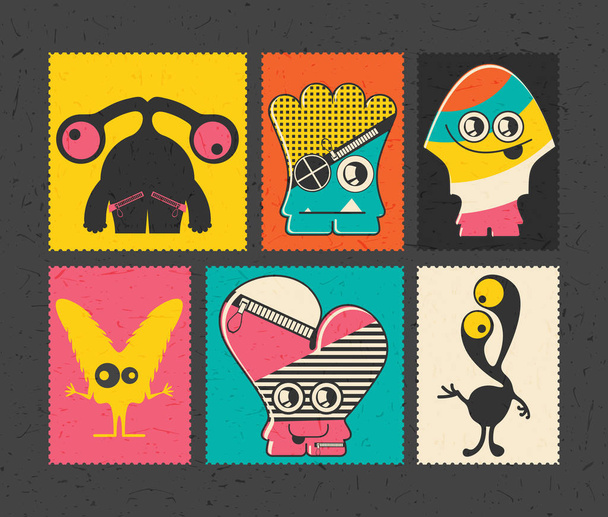 Set of six retro postage`s stamp with funny monsters on different color background, . - Вектор,изображение