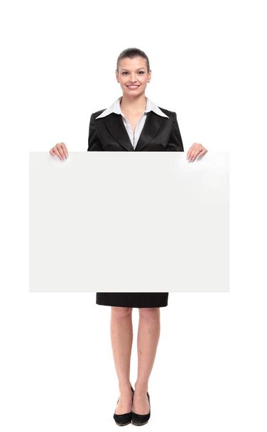 Portrait of businesswoman showing banner. - Фото, изображение