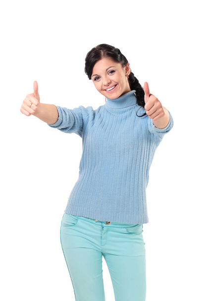 Thumb up. Smiling woman isolated white background - Фото, зображення