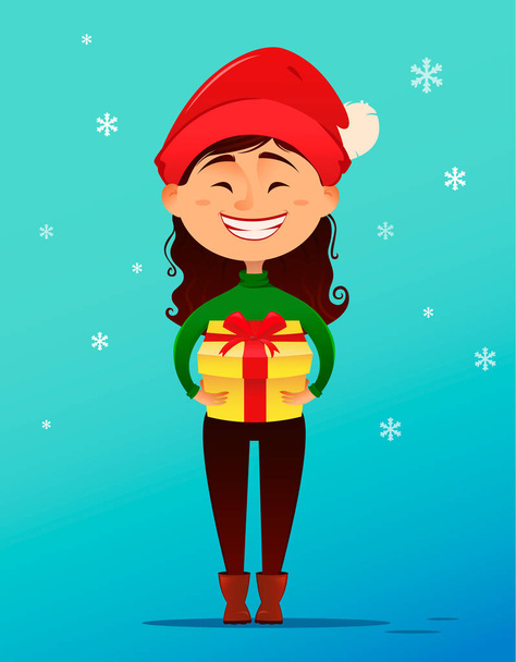 Merry Christmas and Happy New Year postcard. Cute smiling girl in Christmas hat holding gift box in her hands full height.  - Vector, Image