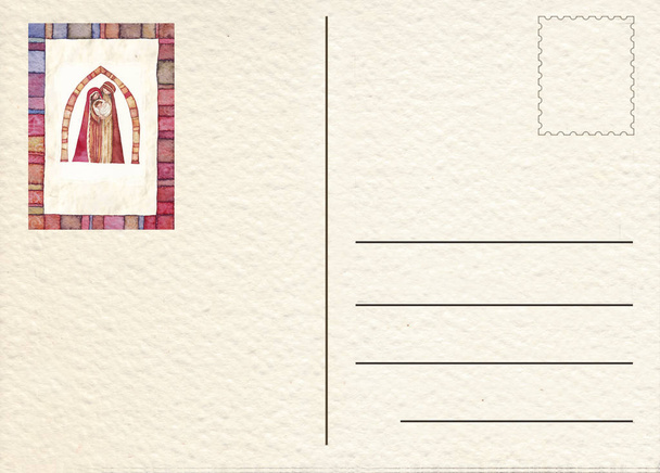 Tarjeta postal dibujada a mano con belén de Navidad
 - Foto, imagen