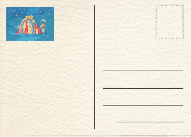 Tarjeta postal dibujada a mano con belén de Navidad
 - Foto, Imagen
