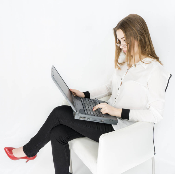 business woman laptop on white background - Foto, Imagen