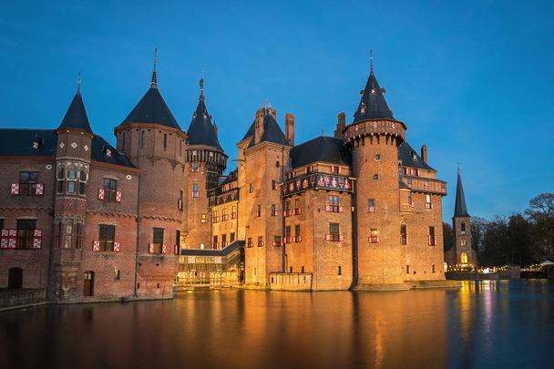 View of the medieval castle  De Haar in the evening illumination, The Netherlands - Photo, Image