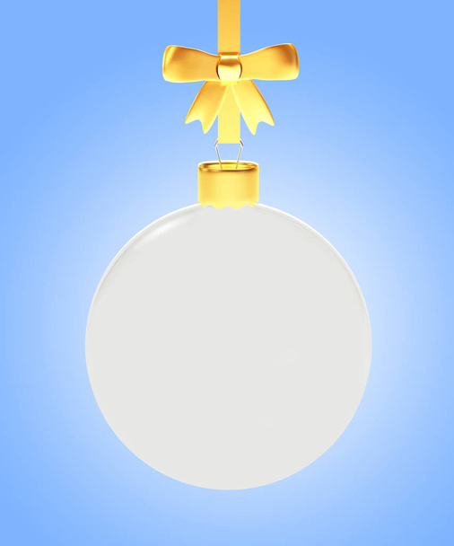 Glass transparent Christmas ball on golden ribbon on blue  - Photo, Image