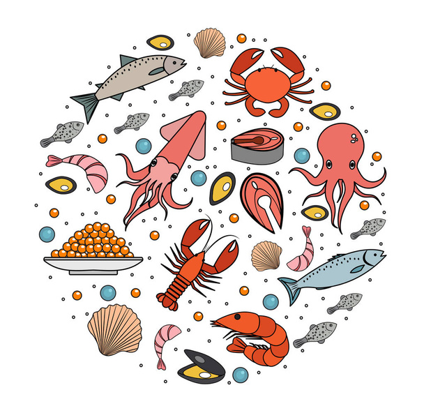 Θαλασσινά εικονίδια που σε στρογγυλό σχήμα, γραμμή, σκίτσο, doodle στυλ. Συλλογή θαλασσινών τροφίμων που απομονώνονται σε λευκό φόντο. Προϊόντα ψαριών, στοιχείο σχεδίασης θαλάσσιου γεύματος. Εικονογράφηση διανύσματος. - Διάνυσμα, εικόνα
