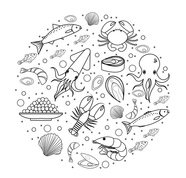 Ícones de frutos do mar definido em forma redonda, linha, esboço, estilo doodle. Coleta de alimentos do mar isolado em fundo branco. Produtos de peixe, elemento de design de refeição marinha. Ilustração vetorial. - Vetor, Imagem