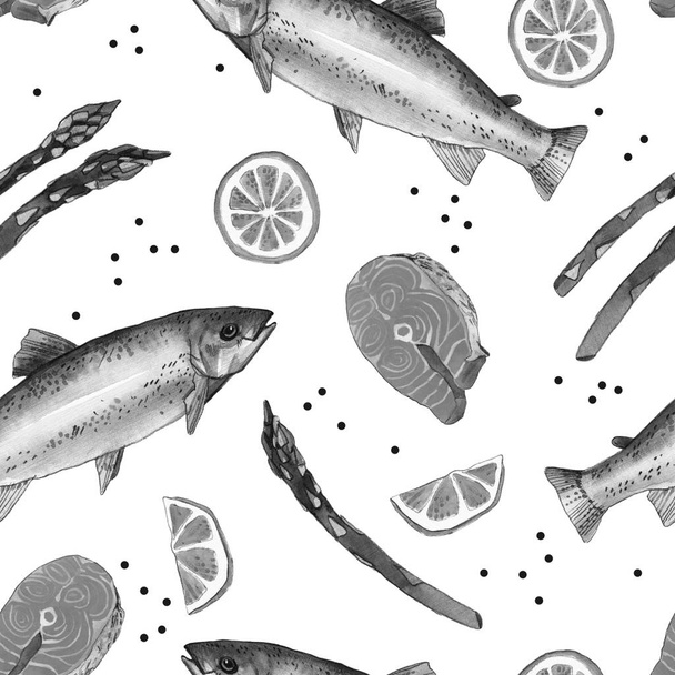 Meerforellenfisch mit Zitrone und Spargel. handgefertigte Aquarellmalerei Illustration auf weißem Papier Kunst Hintergrund - Foto, Bild
