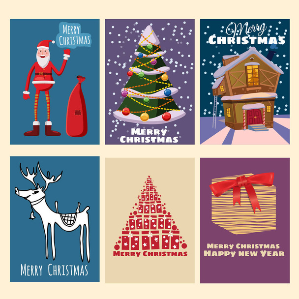 Set mooie kerst groet, gelukkig Nieuwjaar, kaart, Kerstman met een zak van giften, een kerstboom, een landhuis, herten, geschenken, Cartoon stijl, vector illustratie - Vector, afbeelding