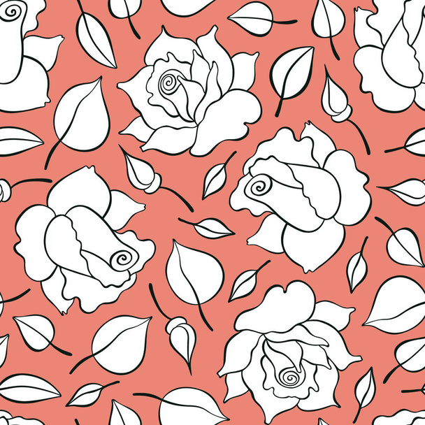 Seamless pattern with roses, buds and leaves. Vector hand drawn pattern. Good for packing design, textile industry, wallpapers and backgrounds. - Vector, Image