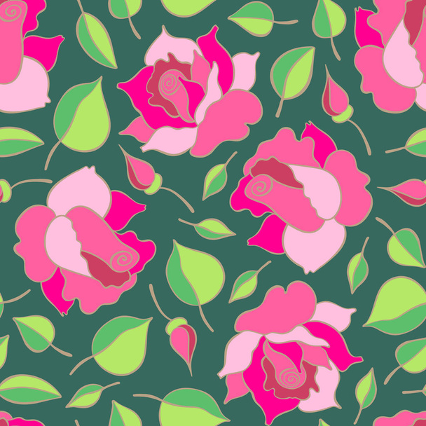Seamless pattern with roses, buds and leaves. Vector hand drawn pattern. Good for packing design, textile industry, wallpapers and backgrounds. - Vetor, Imagem