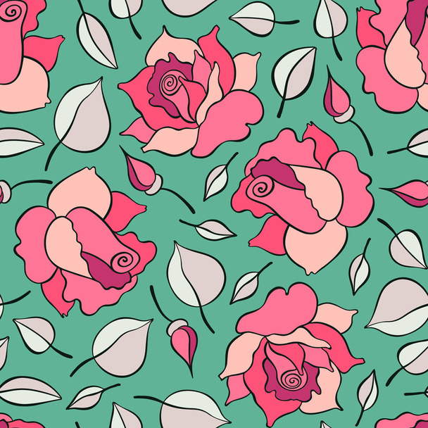 Seamless pattern with roses, buds and leaves. Vector hand drawn pattern. Good for packing design, textile industry, wallpapers and backgrounds. - Vektor, kép