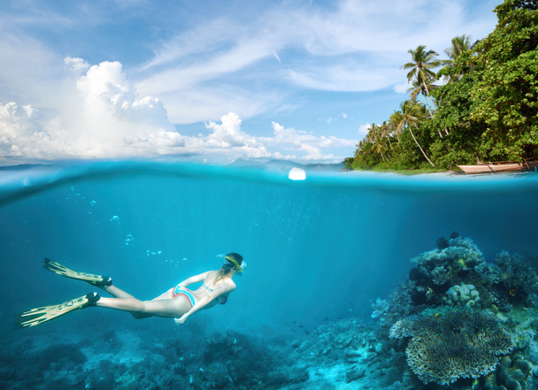 Nainen snorklaamassa kirkkaissa trooppisissa vesissä eksoottisen saaren lähellä
 - Valokuva, kuva