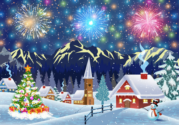 Дом в снежном рождественском пейзаже ночью - Вектор,изображение