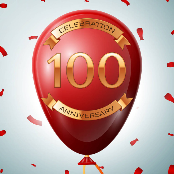 roter Luftballon mit goldener Aufschrift 100 Jahre Jubiläumsfeier und goldenen Bändern auf grauem Grund und Konfetti. Vektorillustration - Vektor, Bild
