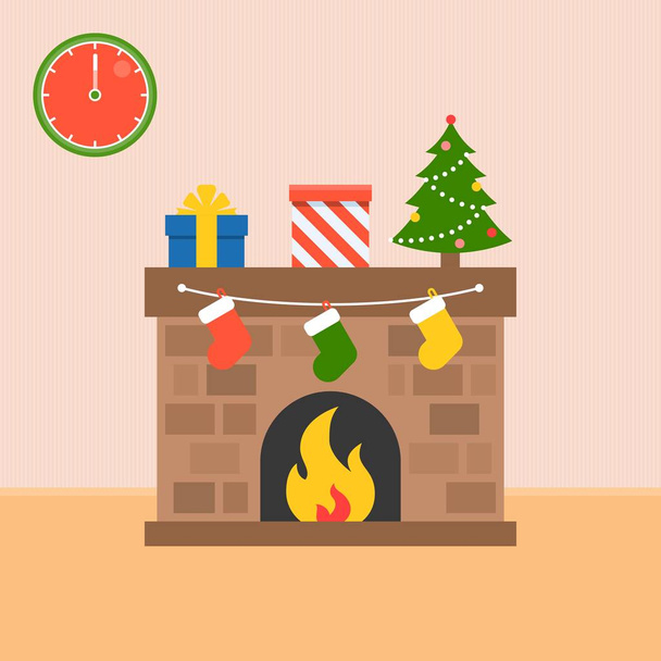 Cheminée décorée et coffrets cadeaux avec chaussettes, sapin de Noël, vecteur design plat
 - Vecteur, image