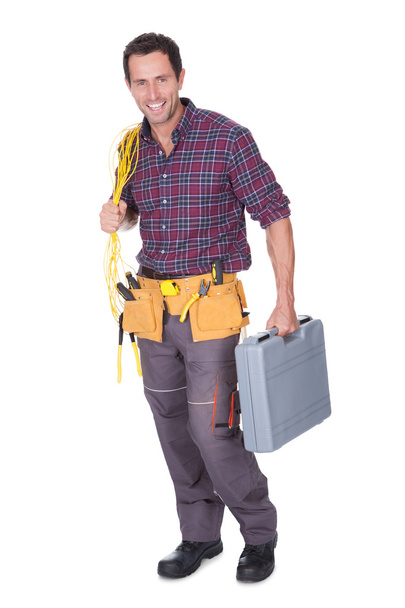 Electrician Man Holding Cable And Toolbox - Foto, Imagem