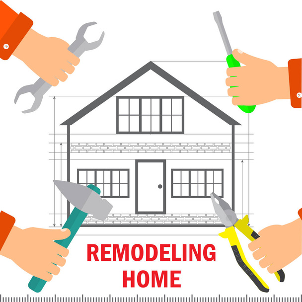 ホームを改造します。ホームの改修や技術コンセプト。男性の手は、家の修理のためのツールを保持します。株式ベクトル。フラットなデザイン. - ベクター画像