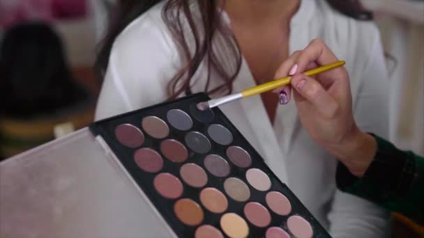 Lähikuva laukaus meikki taiteilija ottaa luomivärejä meikki paletti harjalla
 - Materiaali, video