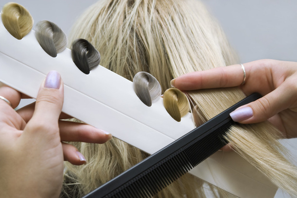 Choice of tone of hair in hair salon - Foto, Imagen