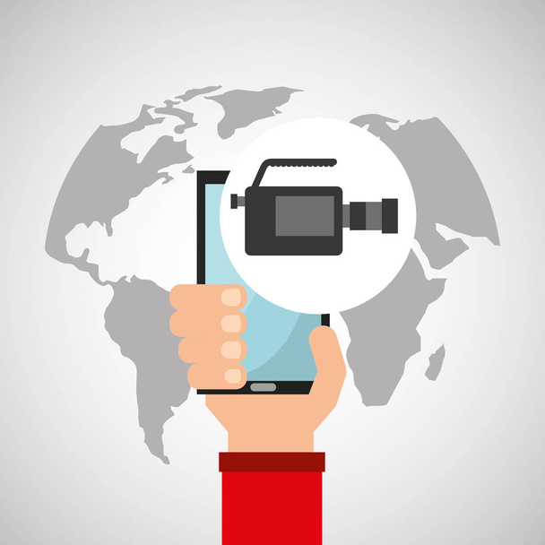 hand holds smartphone camera film multimedia online - Vector, Image