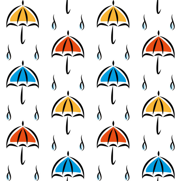 Spaßmuster mit Regenschirmen und Regen auf weißem Hintergrund von Hand gezeichnet - Vektor, Bild