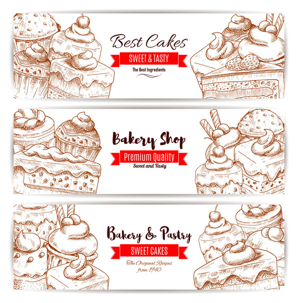 Bakery, pastry shop sketch banners set - Vector, Image