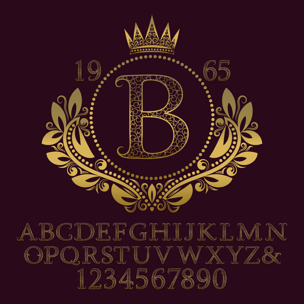 Золотые буквы и цифры с начальной монограммой в форме герба
.  - Вектор,изображение