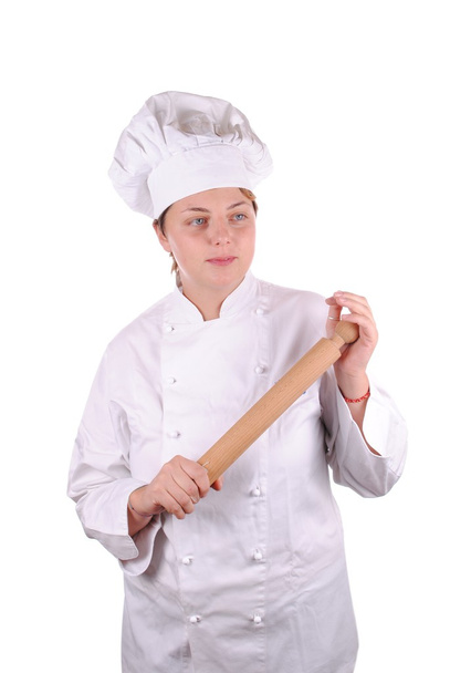 Giovane chef esecutiva femminile con un mattarello, isolato su bianco
 - Foto, immagini