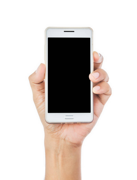 Main d'homme tenant le smartphone blanc
. - Photo, image