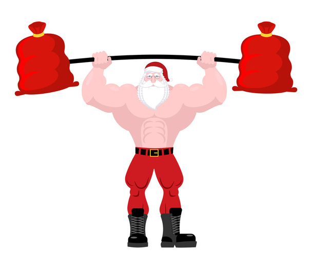 Strong Santa Claus lift barbell of red bag gifts. Powerful old m - Vector, Image