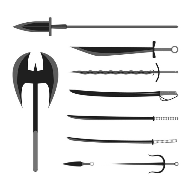 Armas medievales listas. Equipamiento de estilo plano. Armas y herramientas aisladas. Ilustración vectorial
 - Vector, imagen