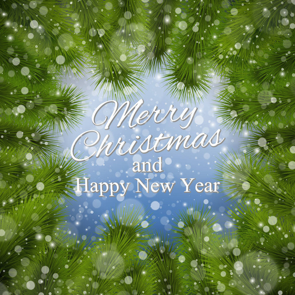 Christmas and New Year Greeting Card. Falling snow texture. Christmas Tree Branches. - Vetor, Imagem