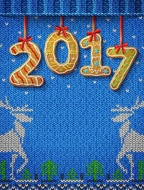New Year 2017 in shape of gingerbread against knitted background - Vector, Image