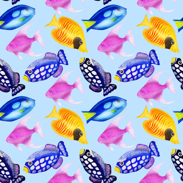 Seamless pattern with colorful watercolor fishes. Hand-drawn wat - 写真・画像