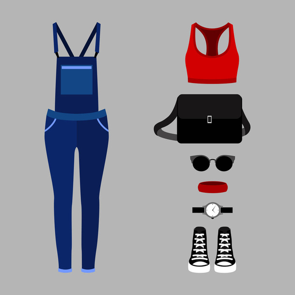 Μοντέρνα γυναικεία ρούχα με γυναίκα τζιν συνολικά, τοπ και ΑΞΕΣΟΥΑΡ - Διάνυσμα, εικόνα