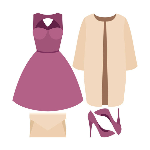 Set of trendy women's clothes with coat, dress and accessories - Vector, Imagen
