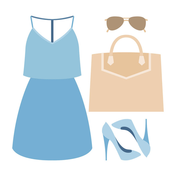 Set of trendy women's clothes with dress and accessories - Vector, Image