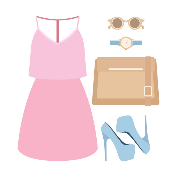Conjunto de ropa de mujer de moda con vestido y accesorios
 - Vector, Imagen