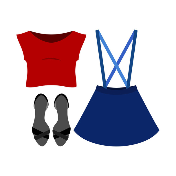 Conjunto de ropa de mujer de moda con falda, top y accesorios
 - Vector, Imagen