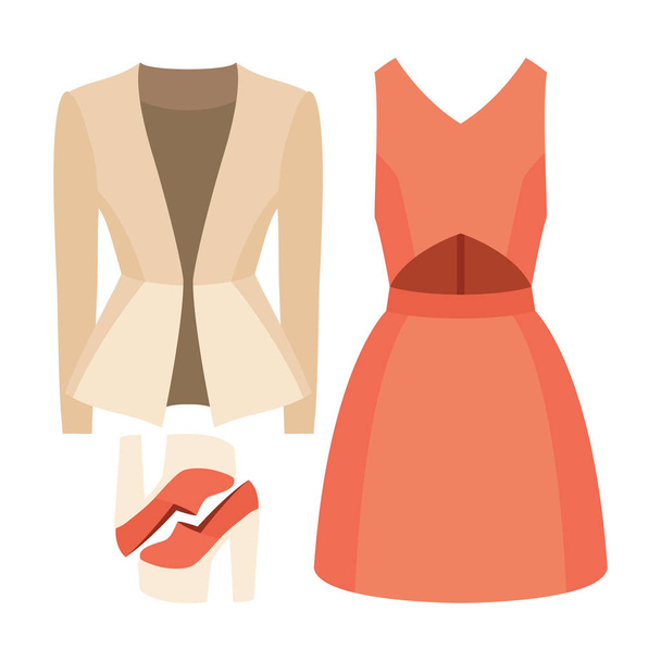 Set of trendy women's clothes with dress, jacket and accessories - Vector, Image