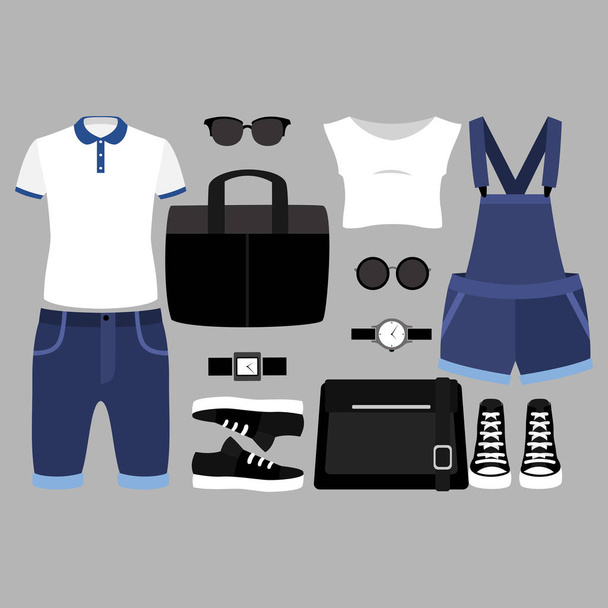 Set of trendy women's and men's clothes and accessories - Vector, Image