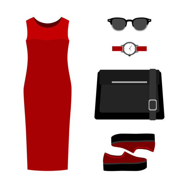 Set of trendy women's clothes with dress and accessories - Vector, Image