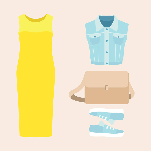 Ensemble de vêtements pour femmes tendance avec robe, gilet en denim et accessoires
 - Vecteur, image