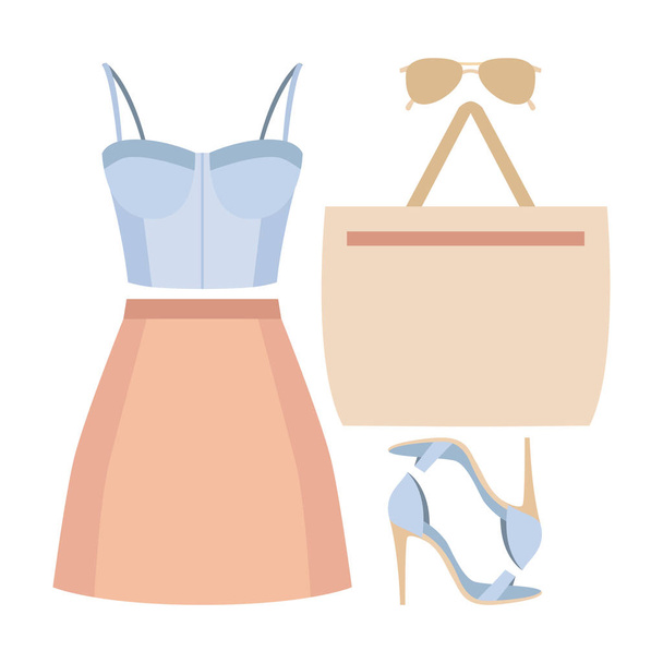 Conjunto de ropa de mujer de moda con falda, bustiers top y accesorios
 - Vector, imagen