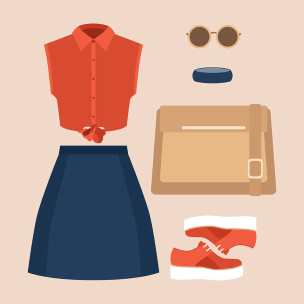 Conjunto de ropa de mujer de moda con falda, camisa y accesorios
 - Vector, Imagen