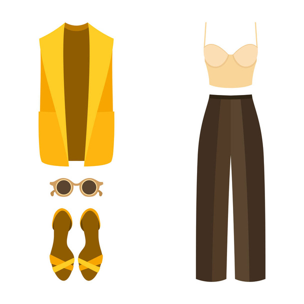 Conjunto de ropa de mujer de moda con bragas, chaleco, bustiers top y accesorios
 - Vector, Imagen
