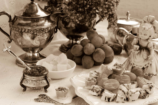 A festive table setting. Image in vintage style. Black-and-white - Photo, Image