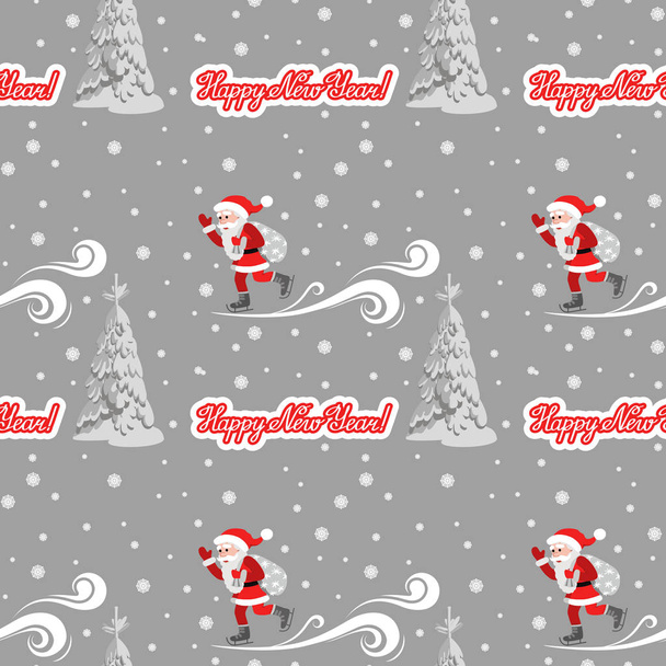 Patrón de vectores sin fisuras sobre el tema del nuevo año. Santa Claus patina con una bolsa de regalos, pino en la nieve y las letras de felicitación
. - Vector, Imagen