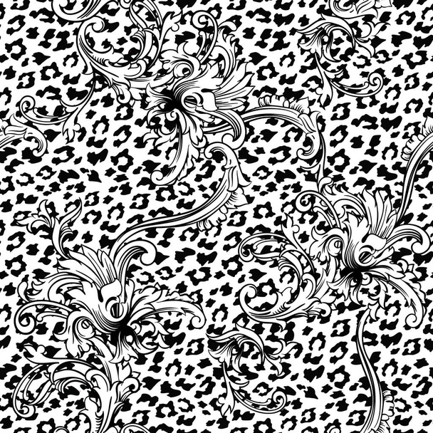 Eclectic fabric seamless pattern. Animal background with baroque ornament. - Vektor, Bild
